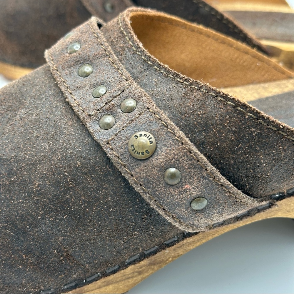 Sanita Brown Suede Oiled Leather Clogs Mules Wood Heel EU 37 US 5.5-6 Re… - Picture 5 of 14